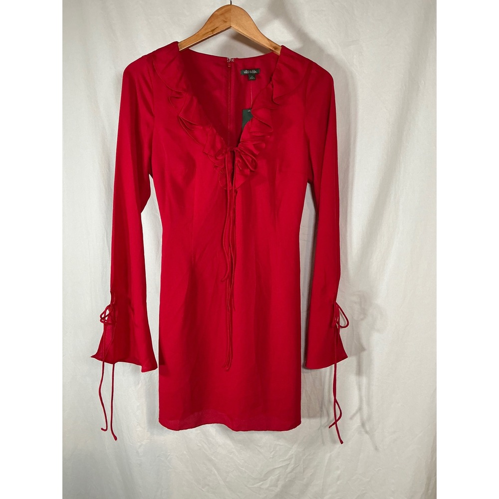 Wild Fable Red Ruffle V-Neck Long Sleeve Mini Dress with Tie Cuffs Size M NWT